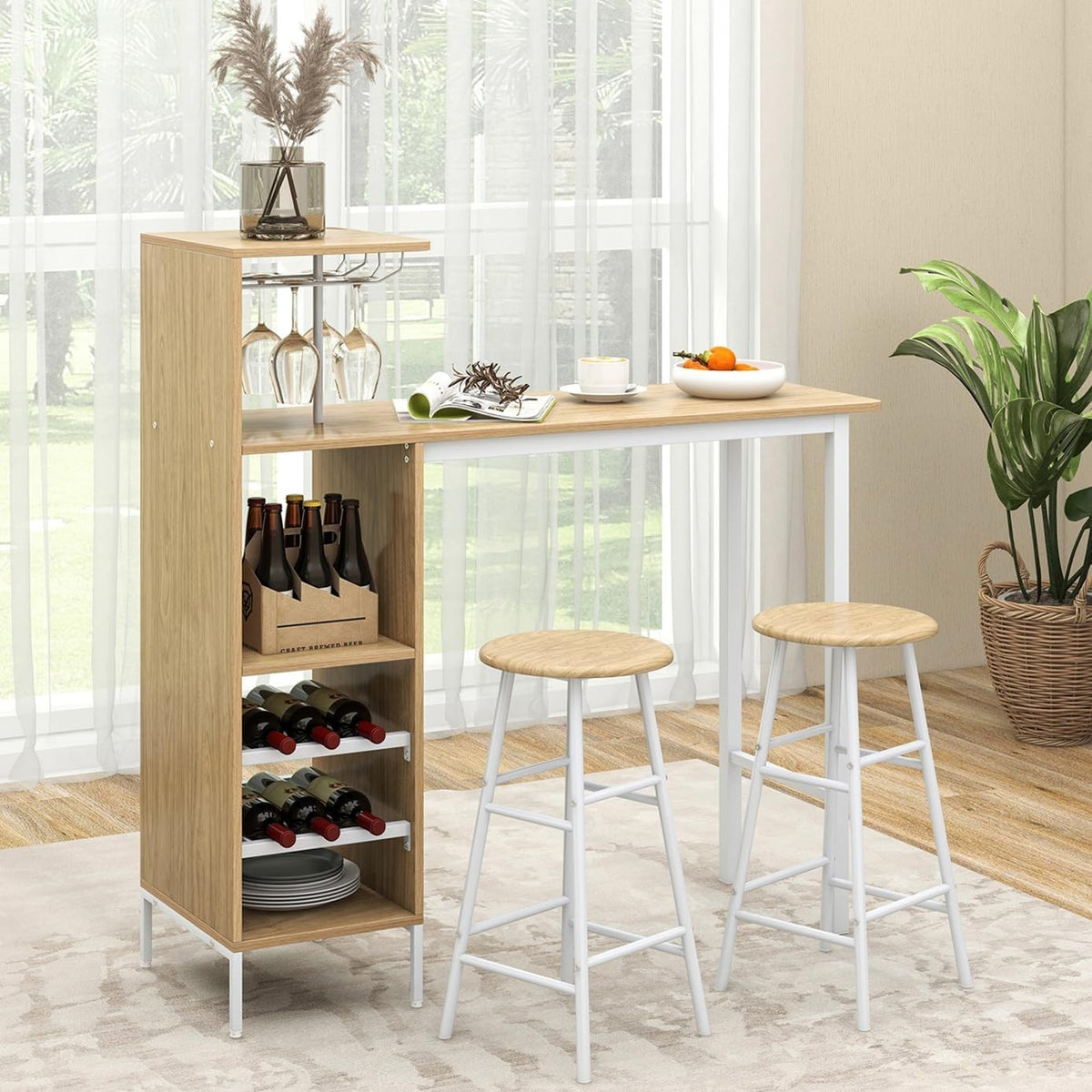 3 Piece Bar Table Set with Wine Racks & Stools, Natural Wood Steel Frame Sets