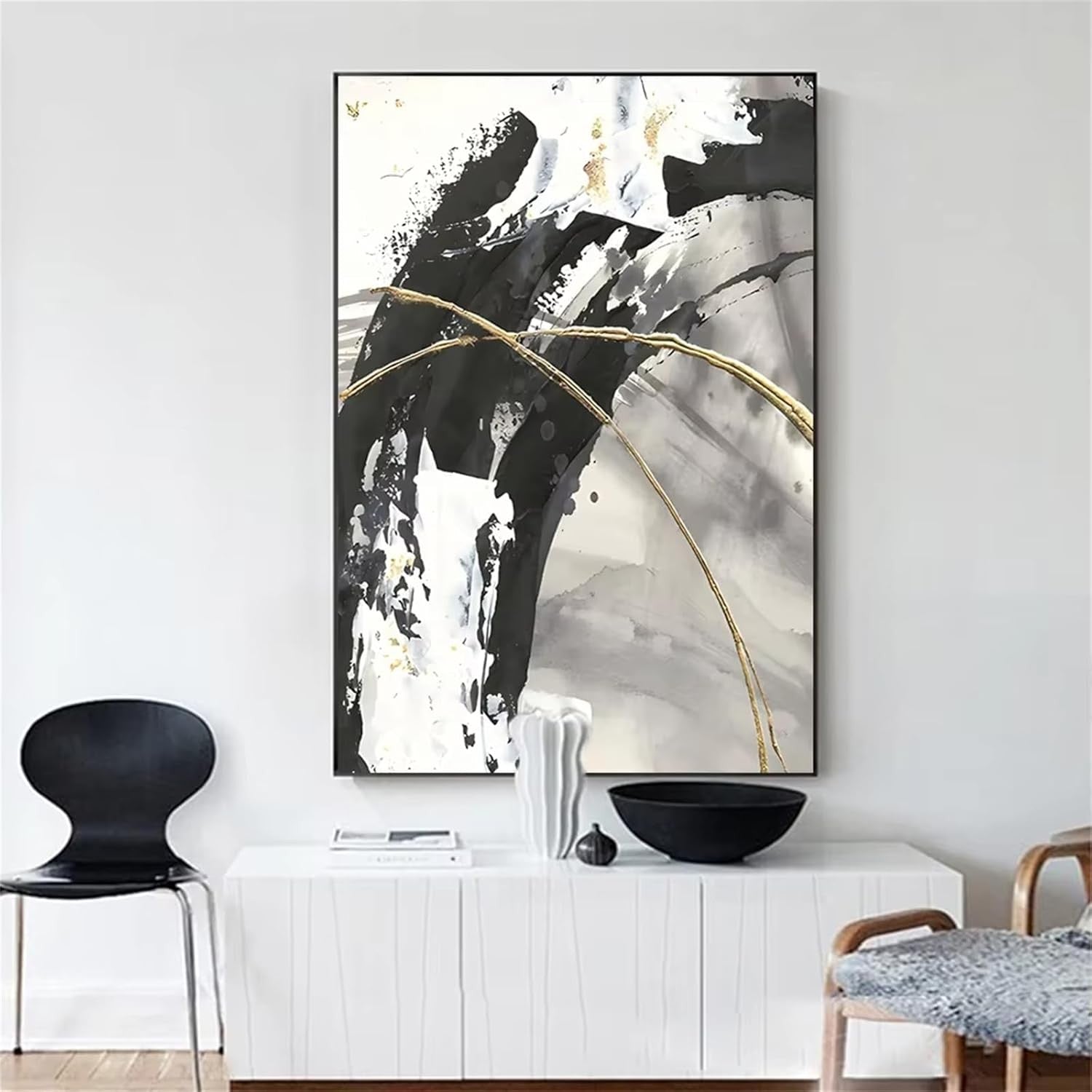 Black White Gold 3-Piece Canvas Wall Art 16x24 in Modern Abstract