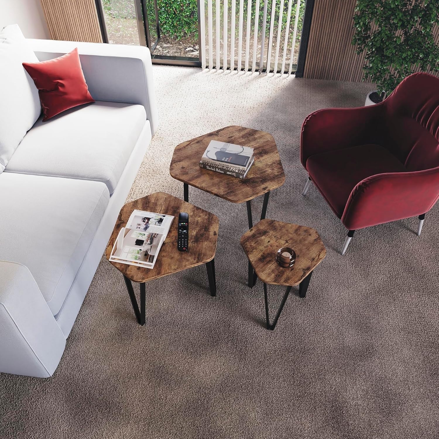 3 Nesting Coffee Tables Set Industrial Style Hexagonal Wood Metal Frame Side End