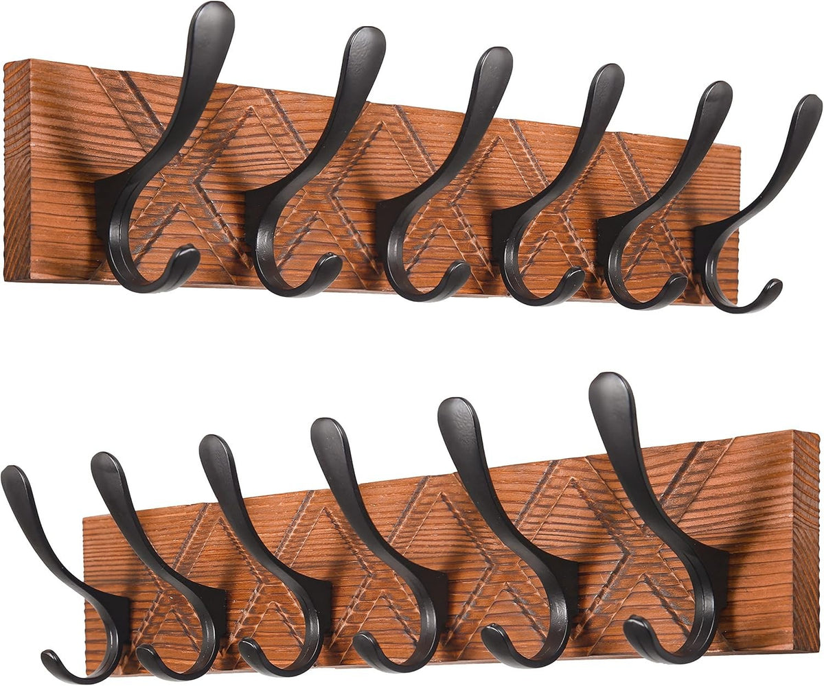 Antique Wall Coat Rack Set | 2x 6 Hook Wooden Hanger Racks Brown & Black