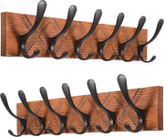 Antique Wall Coat Rack Set | 2x 6 Hook Wooden Hanger Racks Brown & Black