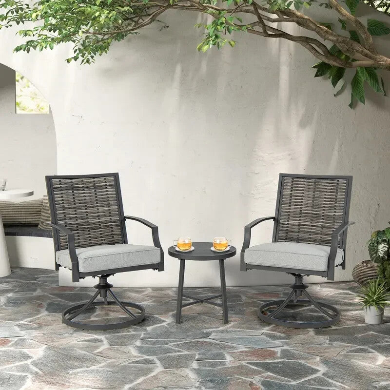 3pc Patio Swivel Chair Bistro Set w/Table Rattan Cushions Garden Deck