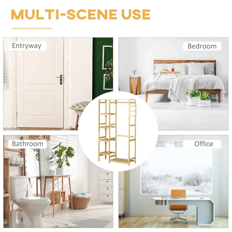 Bamboo Garment Rack with Hanging Rail & Shelves | Clothes Stand & Hooks