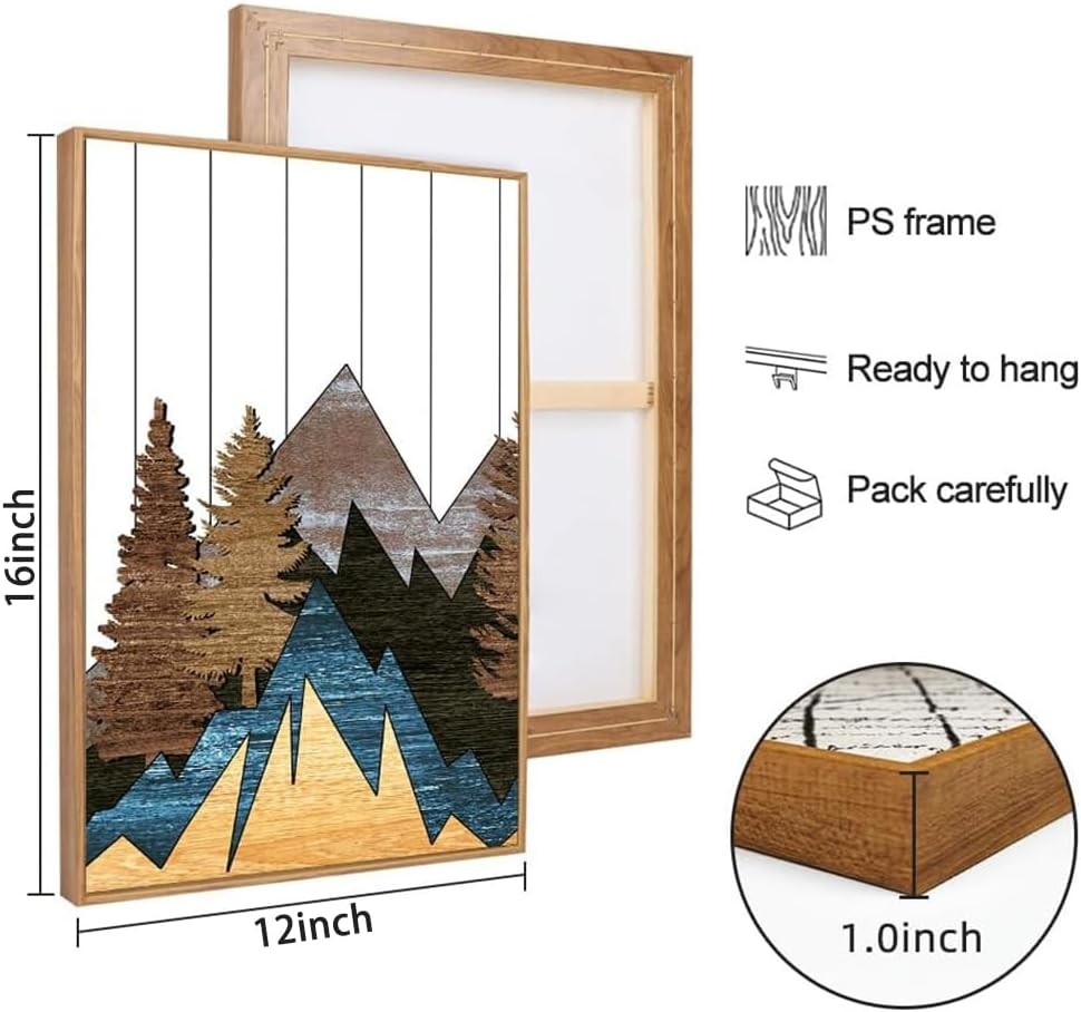Mountain Woodcut Framed Canvas Wall Art Set 3 Rustic Forest Home Decor