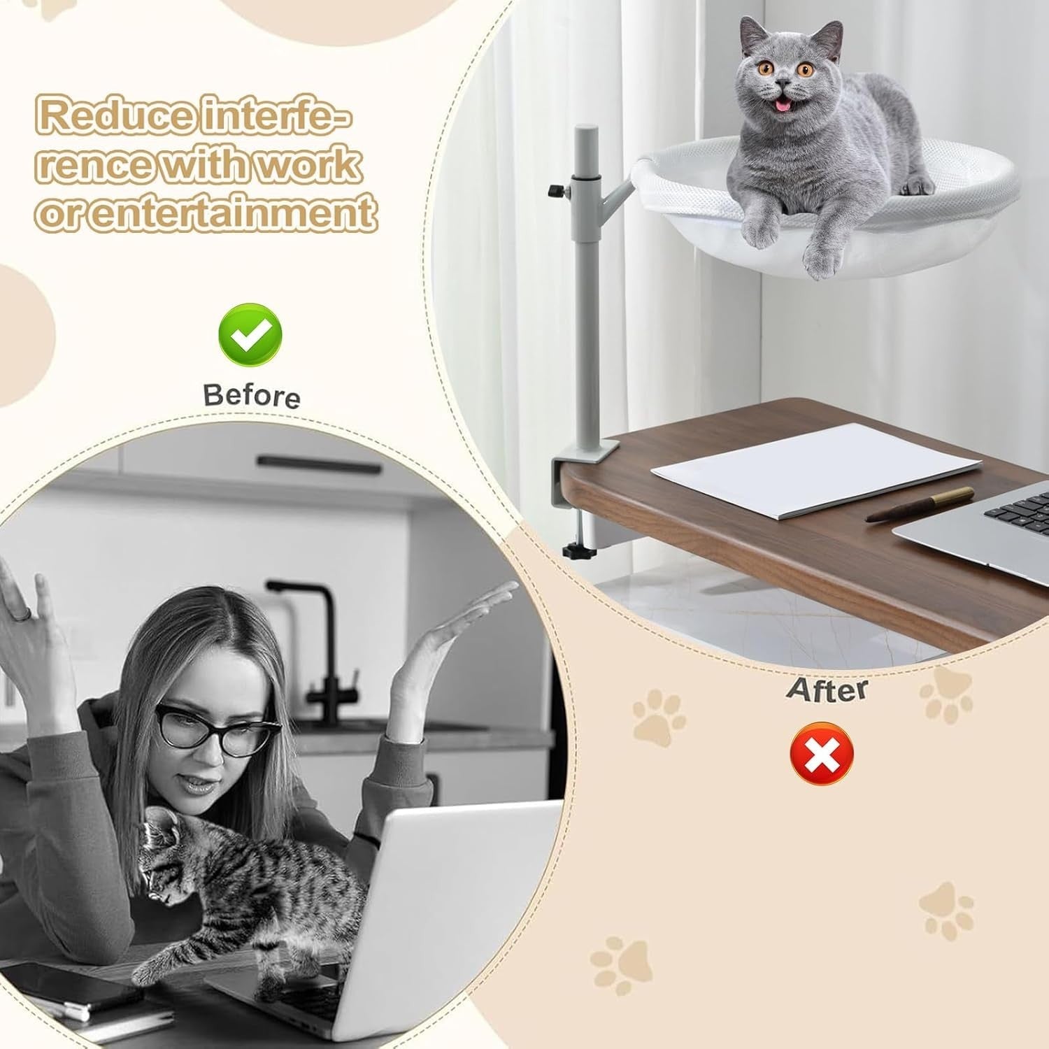 360° Rotating Cat Desk Hammock Washable Clamp On Kitty Bed White