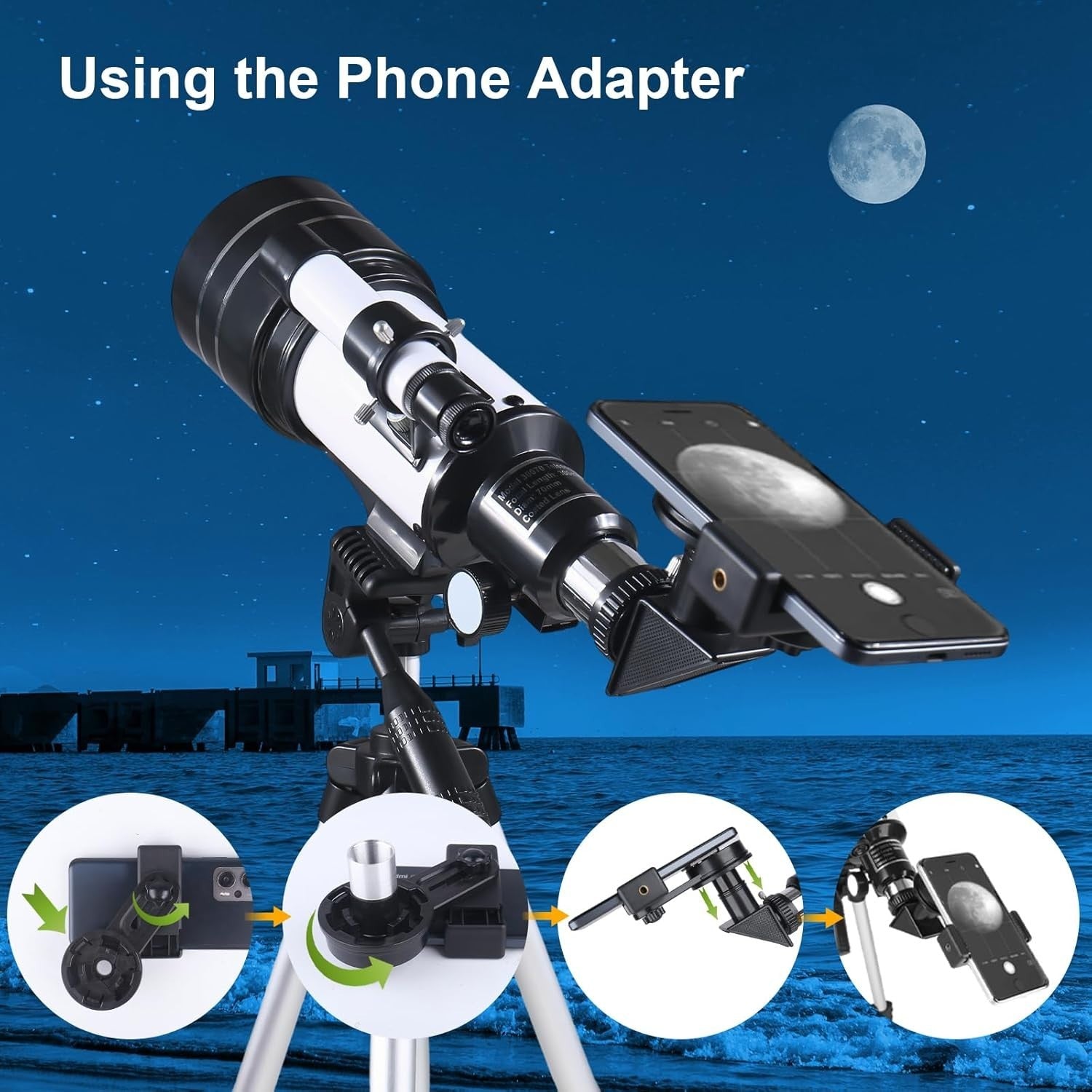 70mm Refractor Telescope 300mm for Kids & Adults, White with Tripod