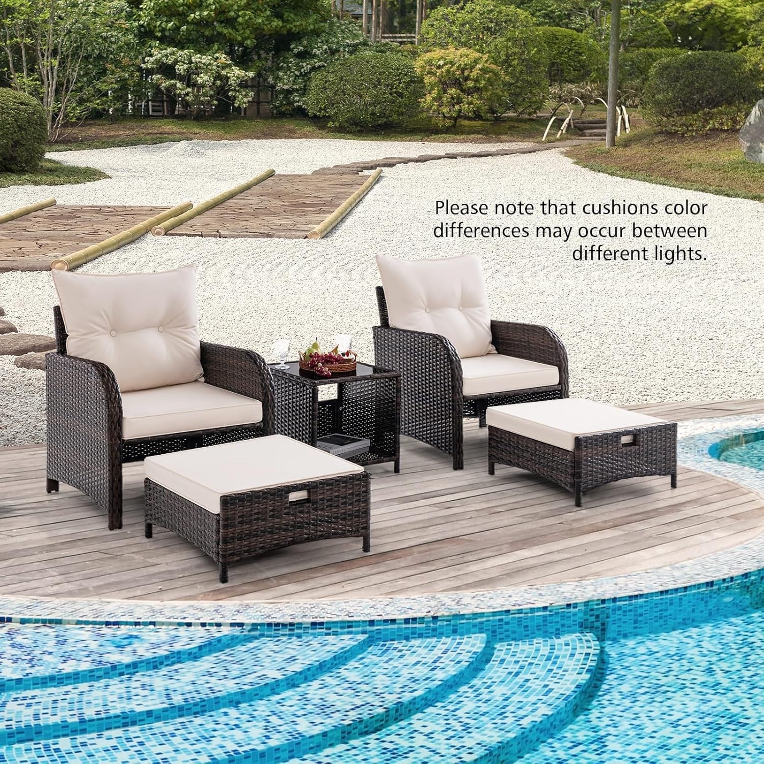 5PCS Garden Rattan Patio Set with Cushions, Coffee Table & Ottomans Outdoor