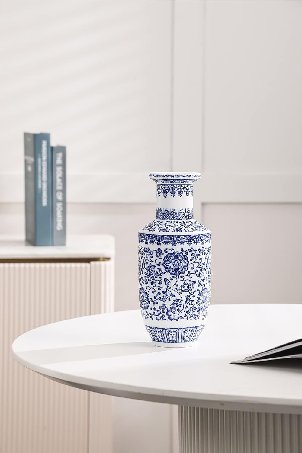 Blue White Chinoiserie Ceramic Vase 10in Glossy Floral Table Centerpiece