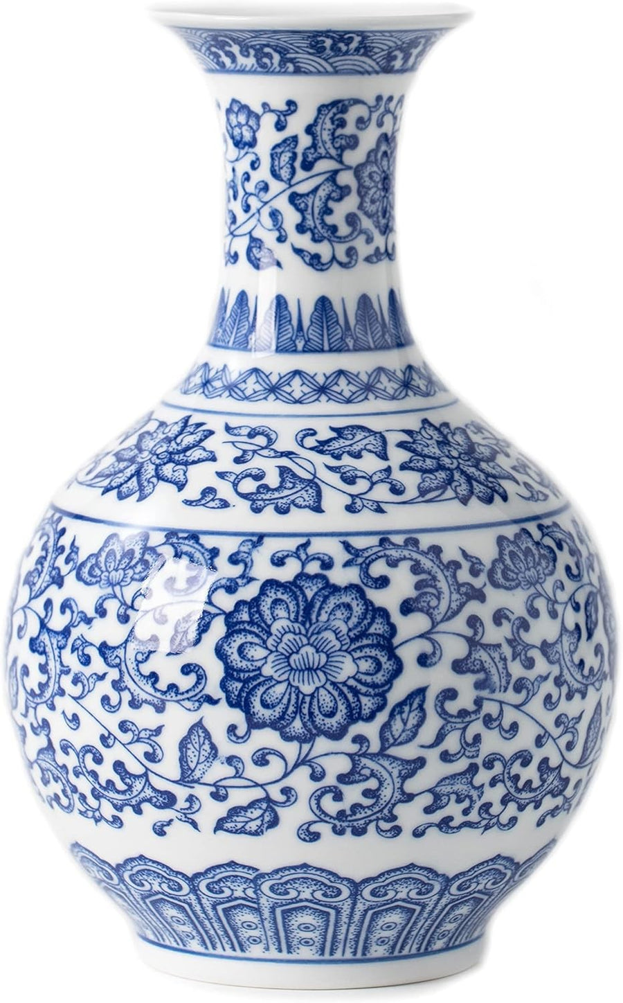 Blue White Chinoiserie Ceramic Vase 9.5in Glossy Floral Table Decor