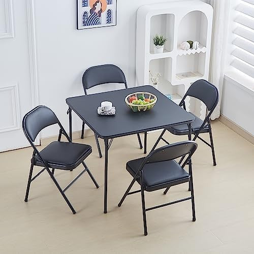 Square Folding Table 80x80cm Portable Vinyl Top Foldable Dining Gaming Black