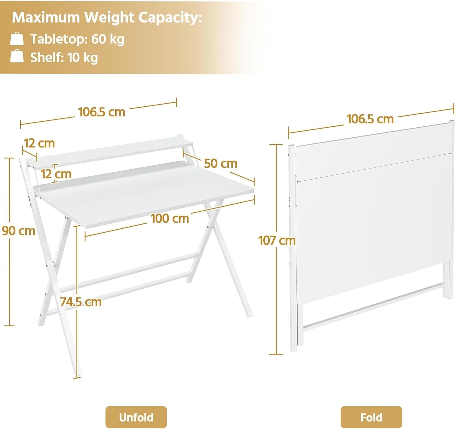 Foldable Computer Desk Large 100cm with Monitor Stand Small Space White