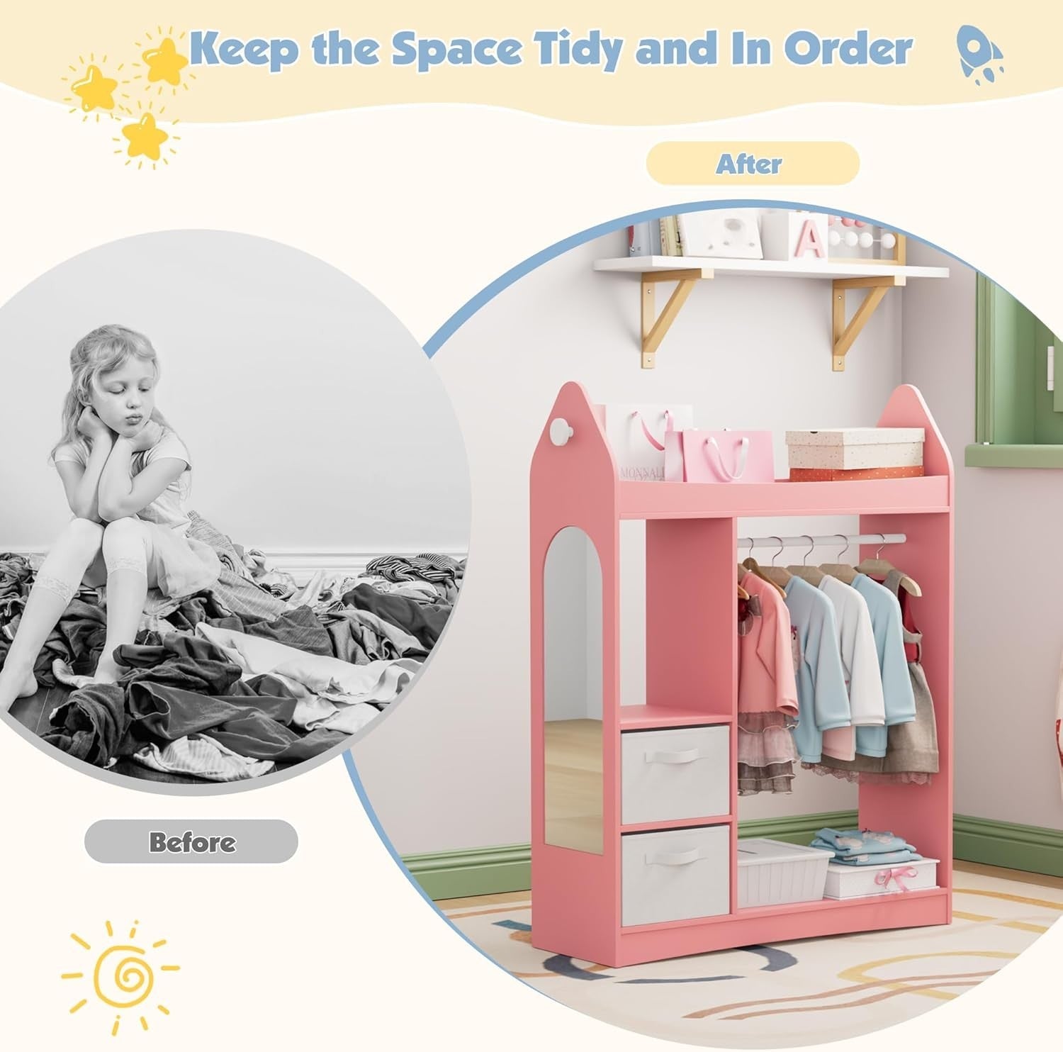 Kids Wardrobe with Mirror, 2 Drawers & Hanging Rail, Pink Rocket Design