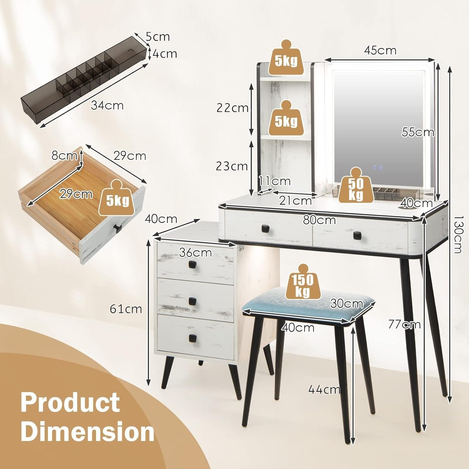 Vanity Makeup Dressing Table Set w/ LED Light Mirror Stool Charging Station