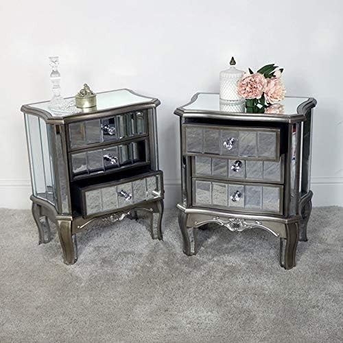 Set of 2 Mirrored Bedside Tables with 3 Drawers | Luxury Silver Nightstands
