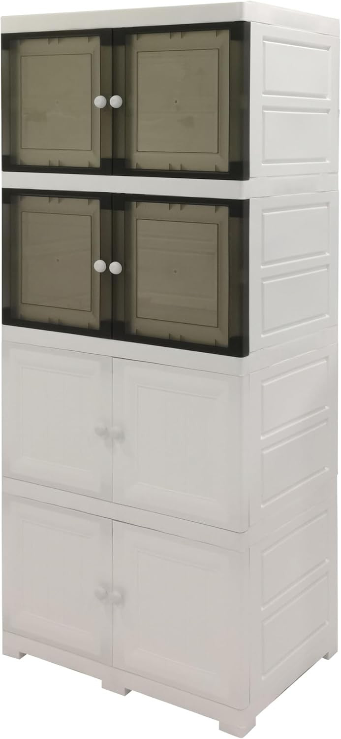4 Tier White Plastic Storage Cabinet | Multipurpose Cupboard with Tinted Doors
