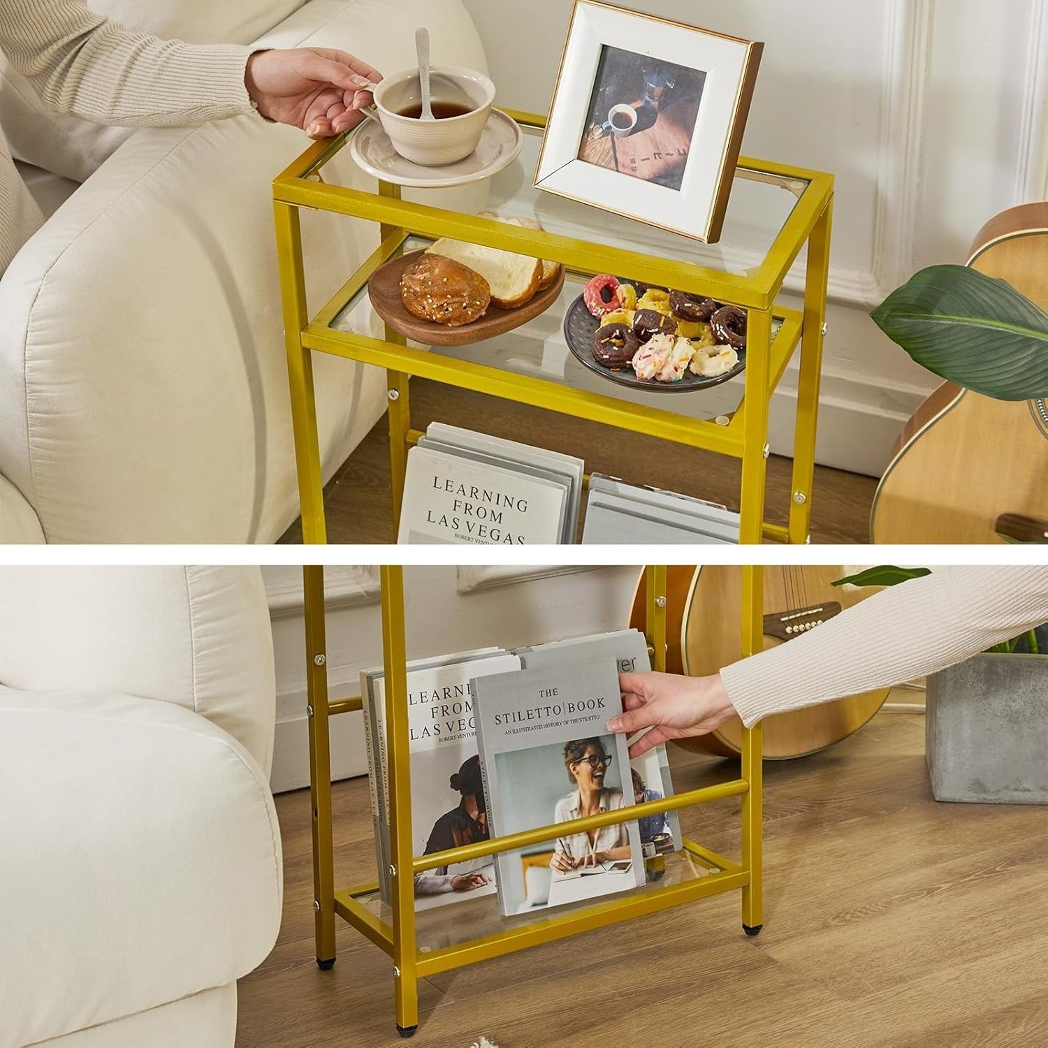 Slim Glass Side Table Gold 3 Tier Narrow End Table with Storage for Sofa Bed