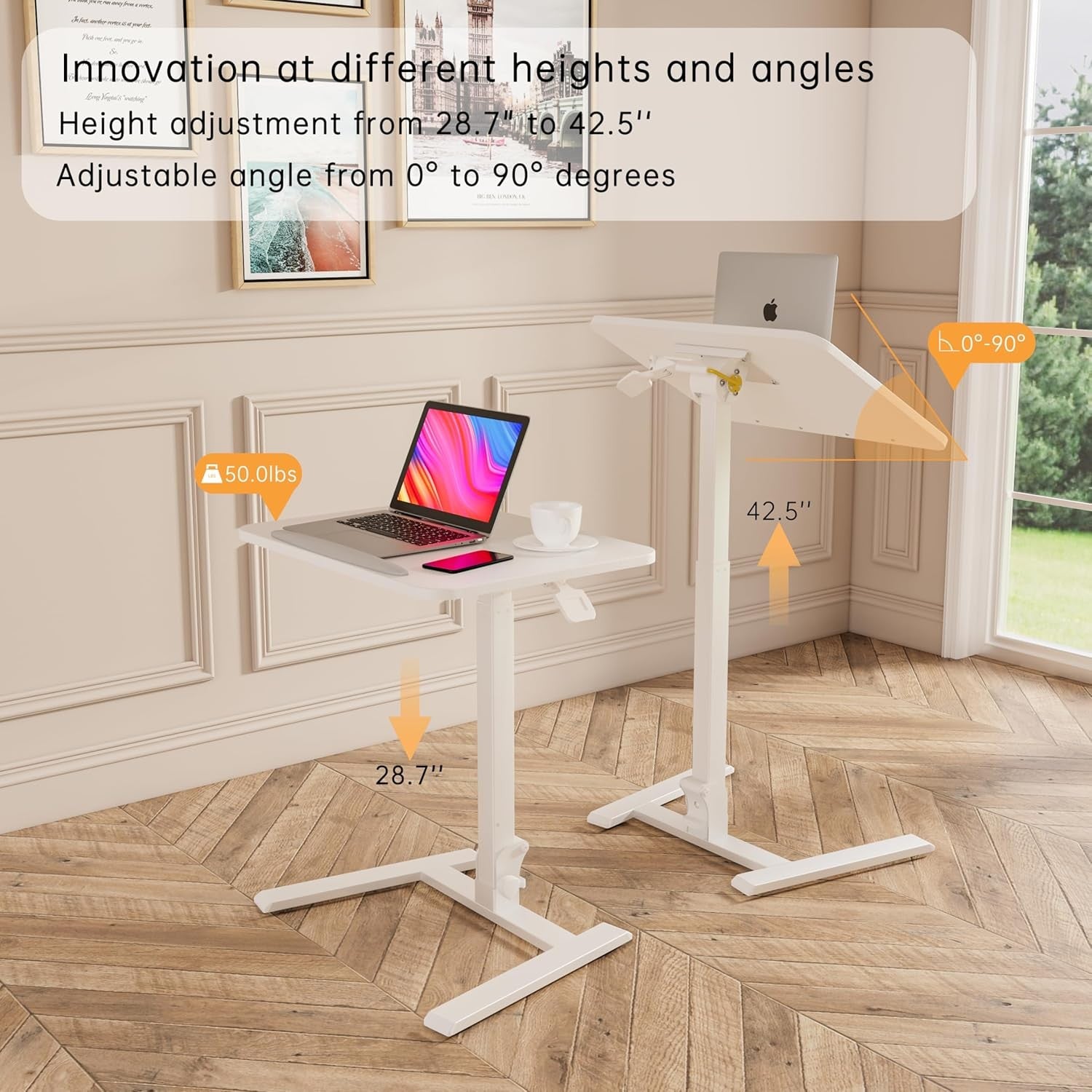 White Mobile Folding Sit Stand Desk Height Adjustable Laptop Table on Wheels
