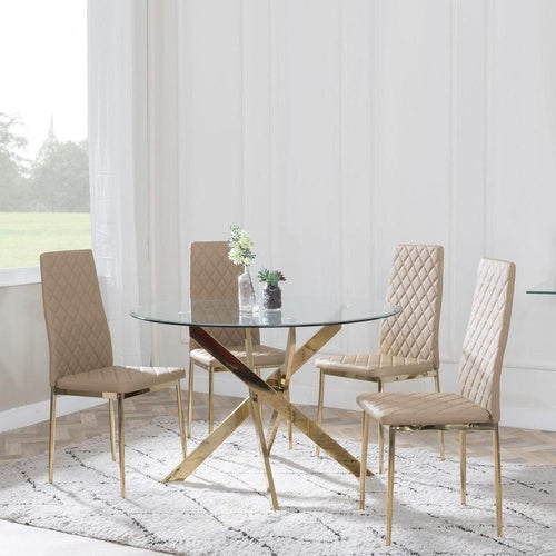 Round Glass Dining Table Set with 4 Leather Chairs & Gold Metal Legs