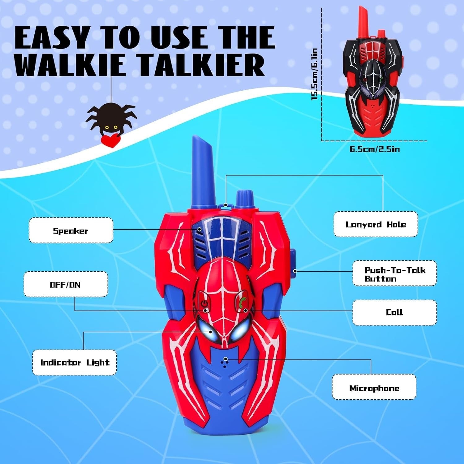 Kids Spider Walkie Talkies 2 Pack 8 Channel 300M Range Outdoor Toy