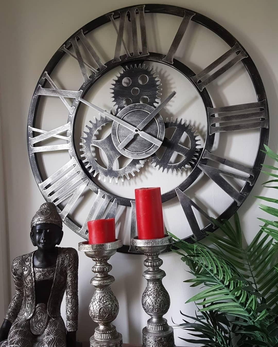 76cm Industrial Metal Gear Wall Clock - Rustic Silver Skeleton Roman Numerals V