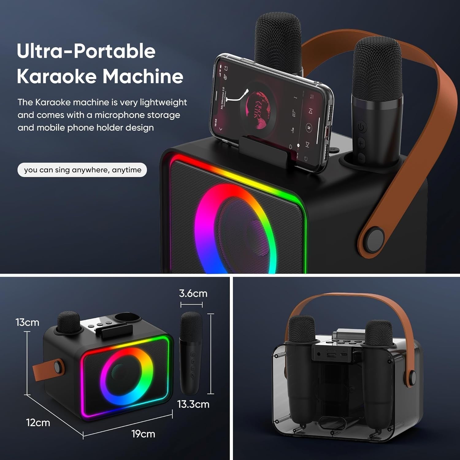 Karaoke Machine 2 Wireless Mics Bluetooth LED Party Speaker