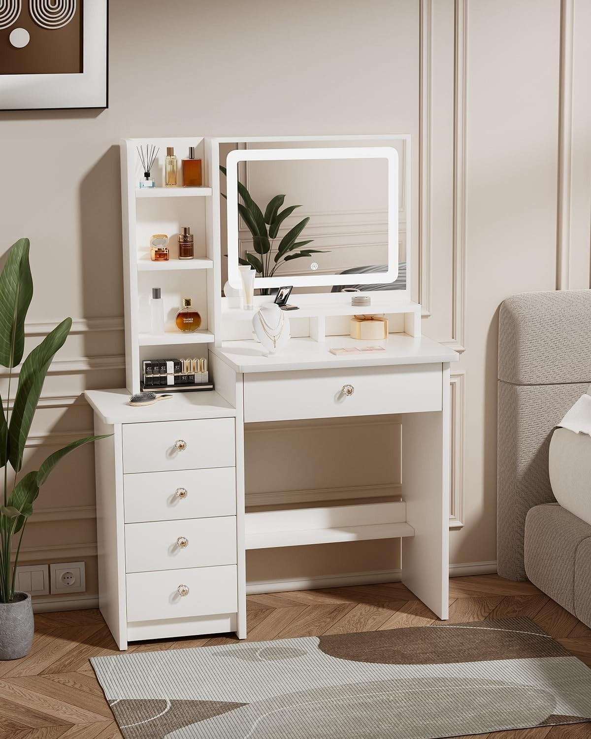 Makeup Vanity Table Mirror LED Lights 5 Drawers Dressing Desk Storage White New