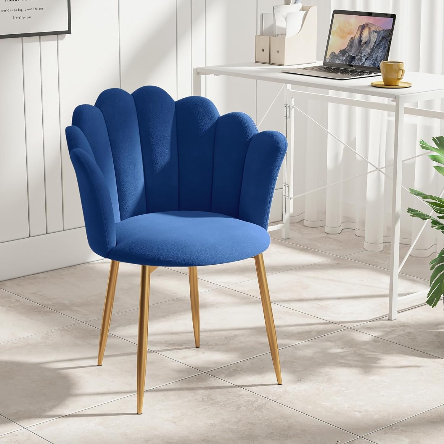 Velvet Vanity Chair Shell Back Gold Metal Legs Blue