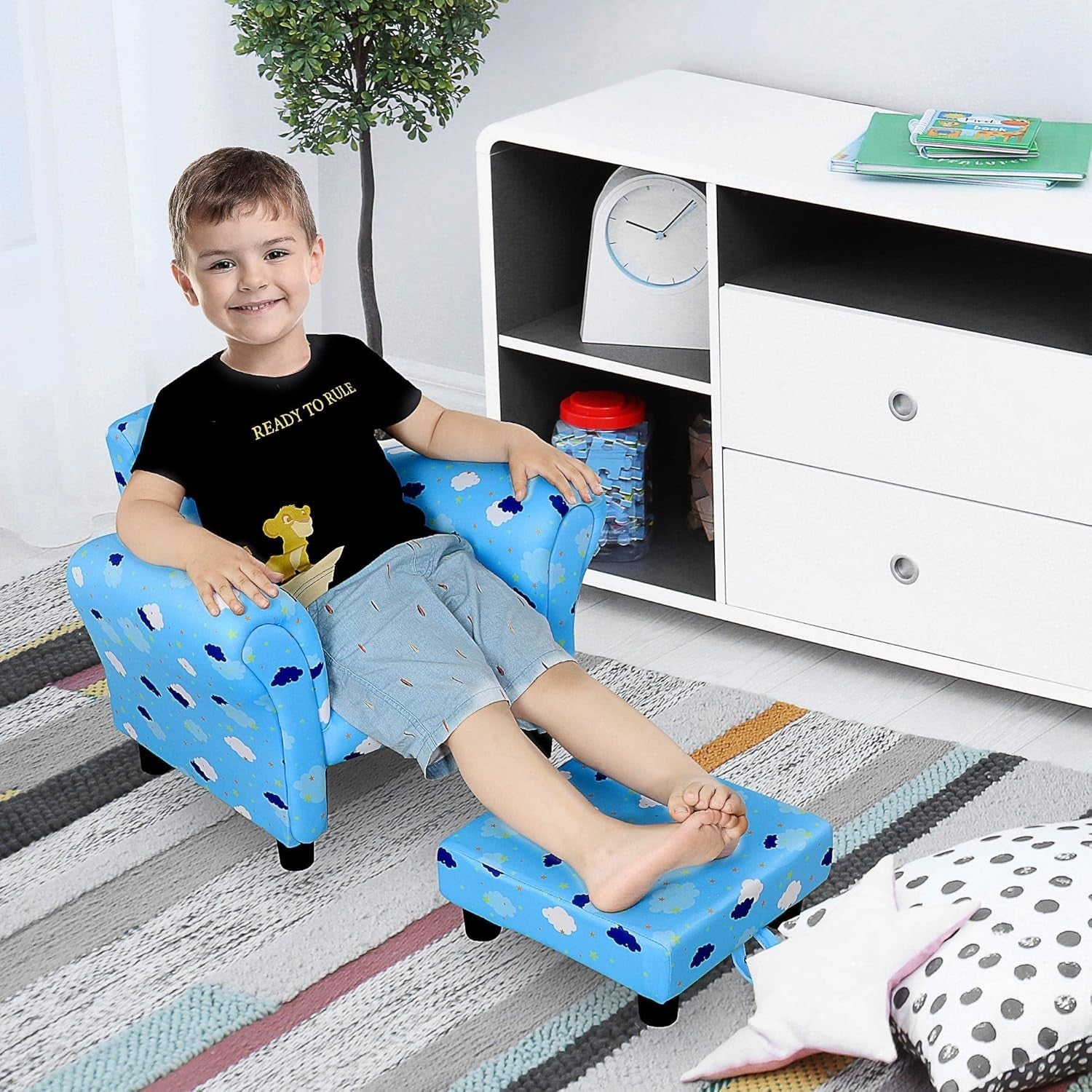 Toddler Armchair with Footrest Kids Sofa Chair Blue Cloud Star Design 18-36M