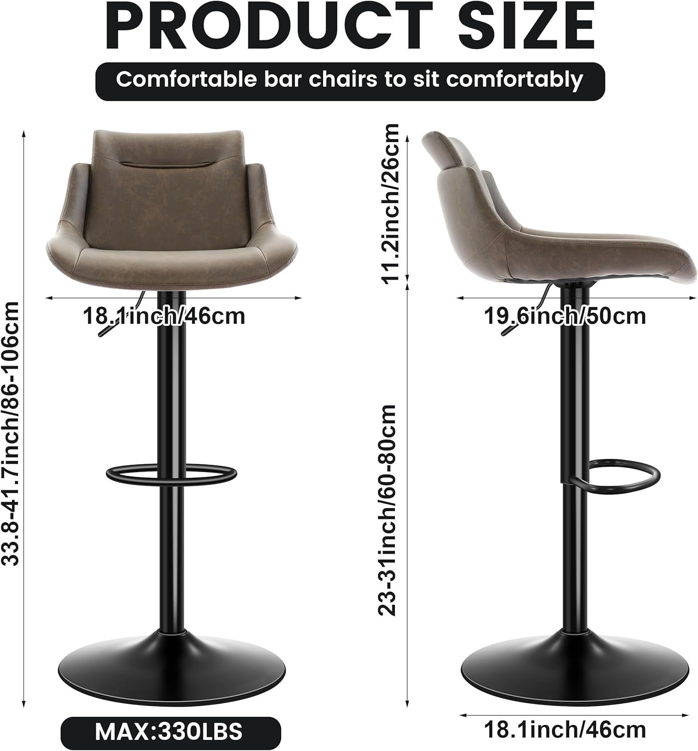 Brown PU Leather Bar Stools Set of 2 – Adjustable Rotating Chairs