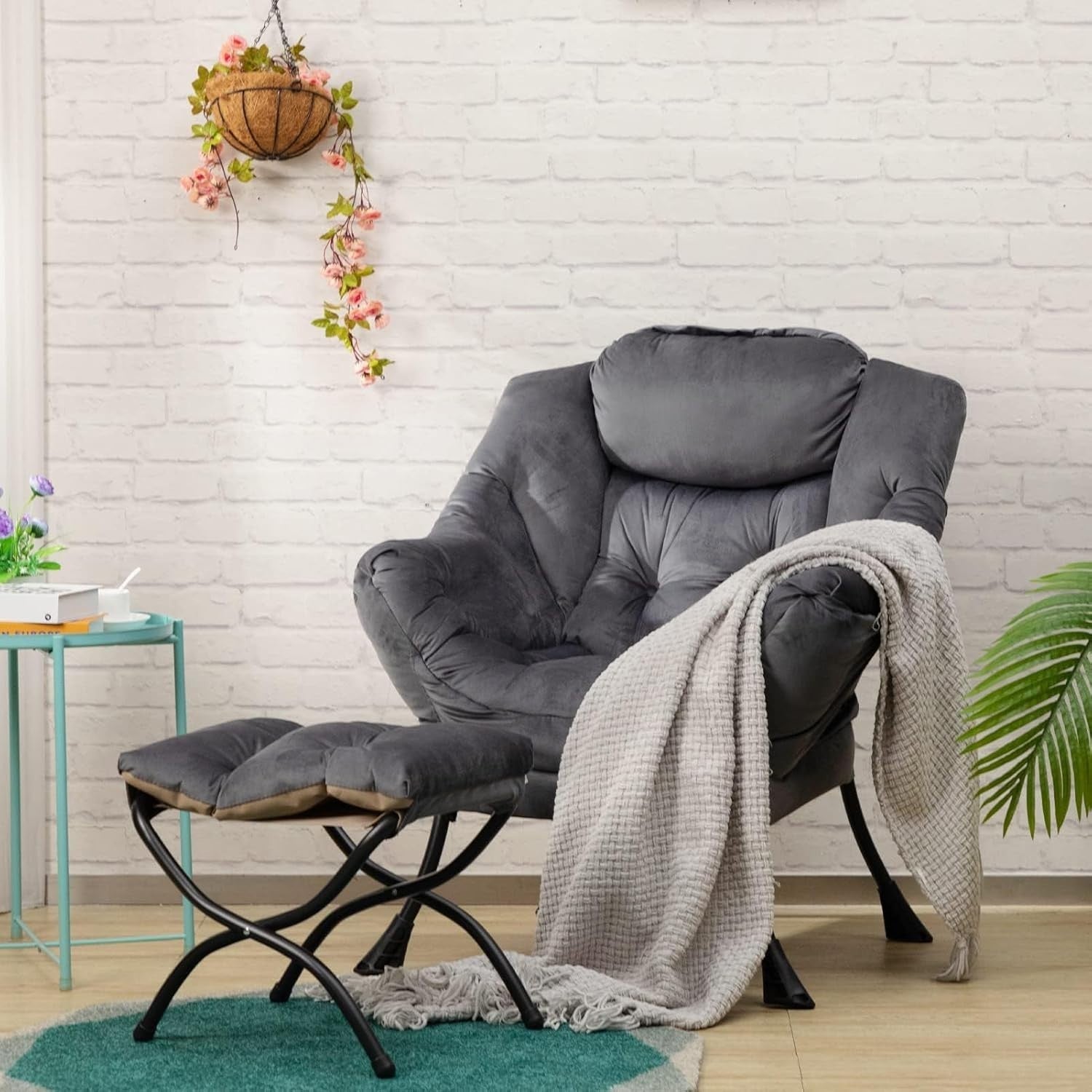 Dark Grey Velvet Armchair with Footstool Living Room Lounge Relax Seat