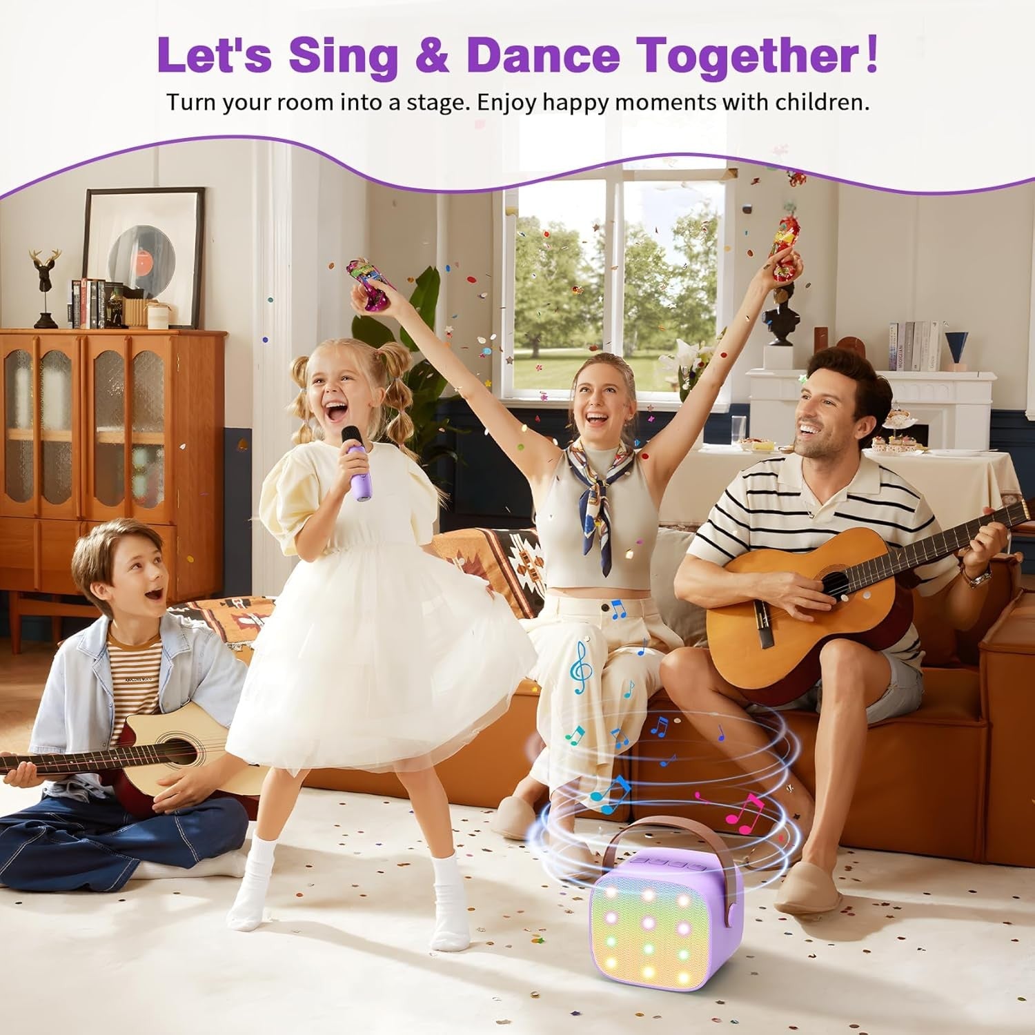 Kids Mini Karaoke Machine 2 Wireless Mics Bluetooth LED