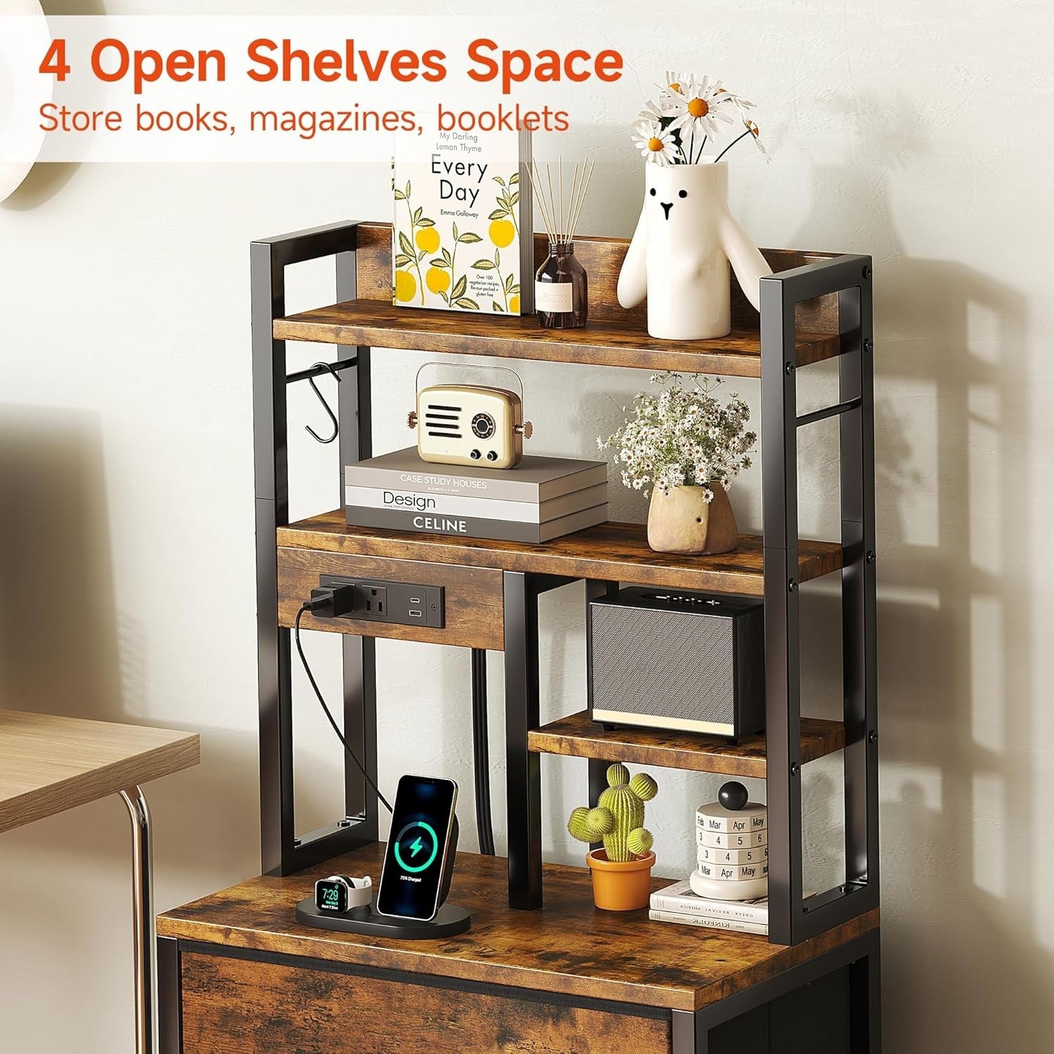 Tall Bedside Table with LED Lights Charging Ports Drawers Shelves Rustic Brown