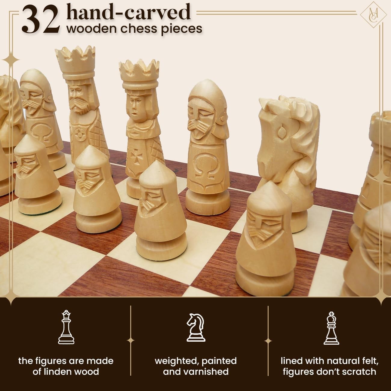 60cm XXL Luxury Inlaid Wooden Chess Set – Handcrafted Board & Tall Weighted Piec