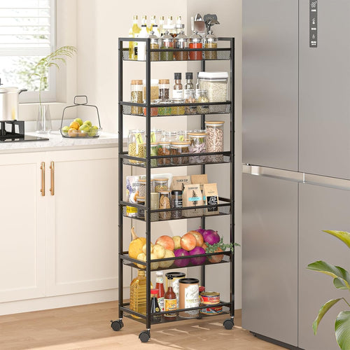 6 Tier Slim Rolling Storage Cart Narrow Metal Shelving Unit on Wheels