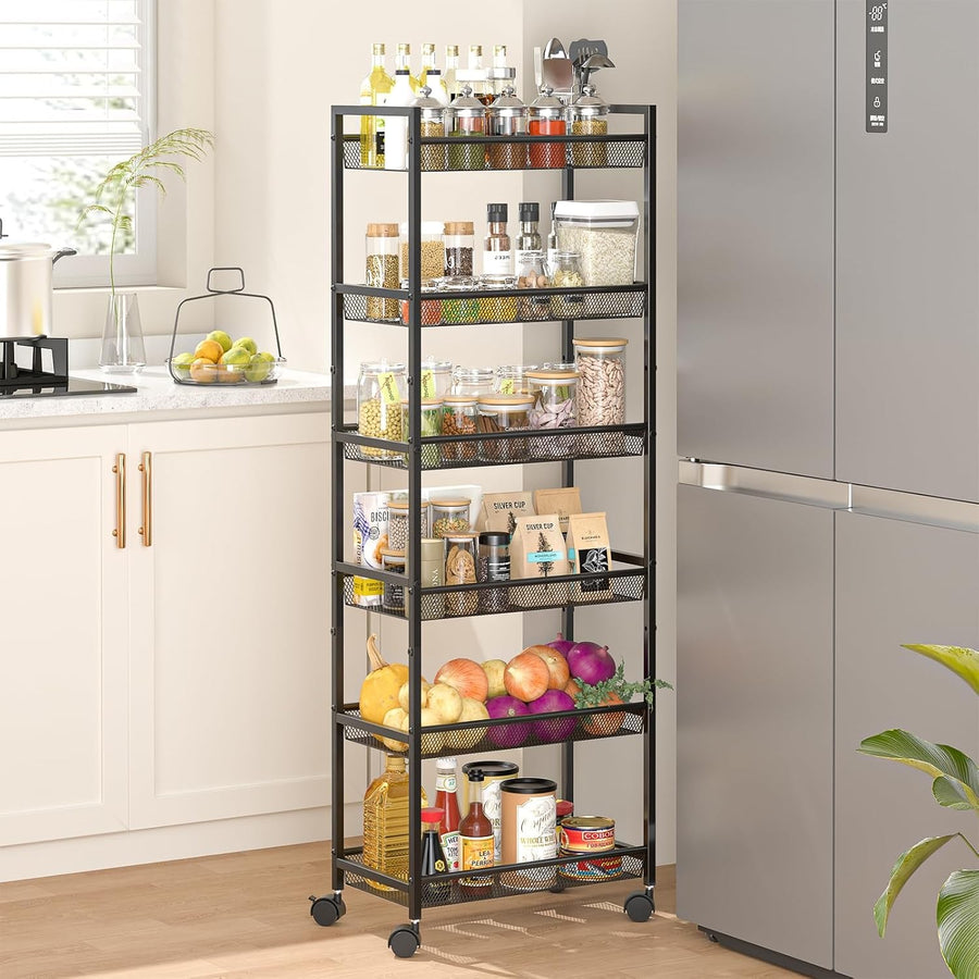 6 Tier Slim Rolling Storage Cart Narrow Metal Shelving Unit on Wheels
