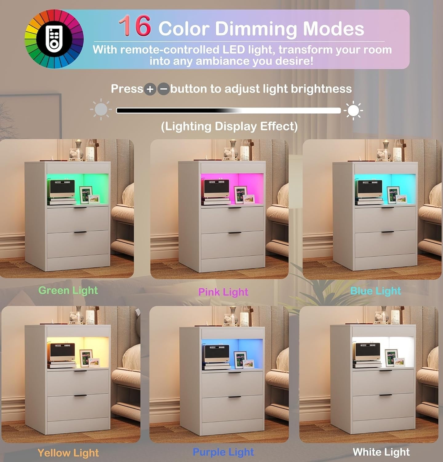 White LED Nightstand with Charging Station – 2 USB Ports, Power Outlets & Drawer