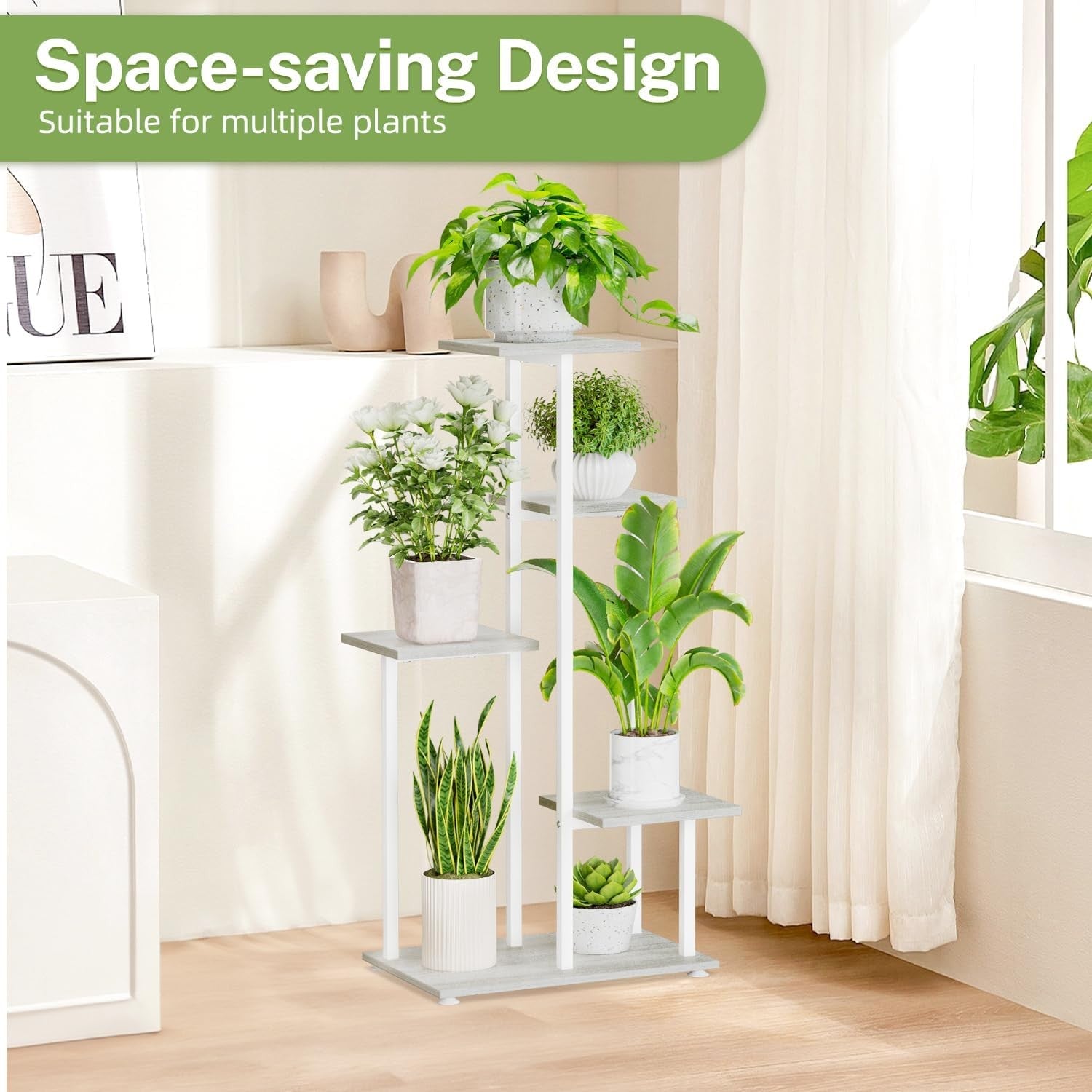 5 Tier White Metal & Wood Plant Stand | Tall Corner Indoor Display Shelf Rack