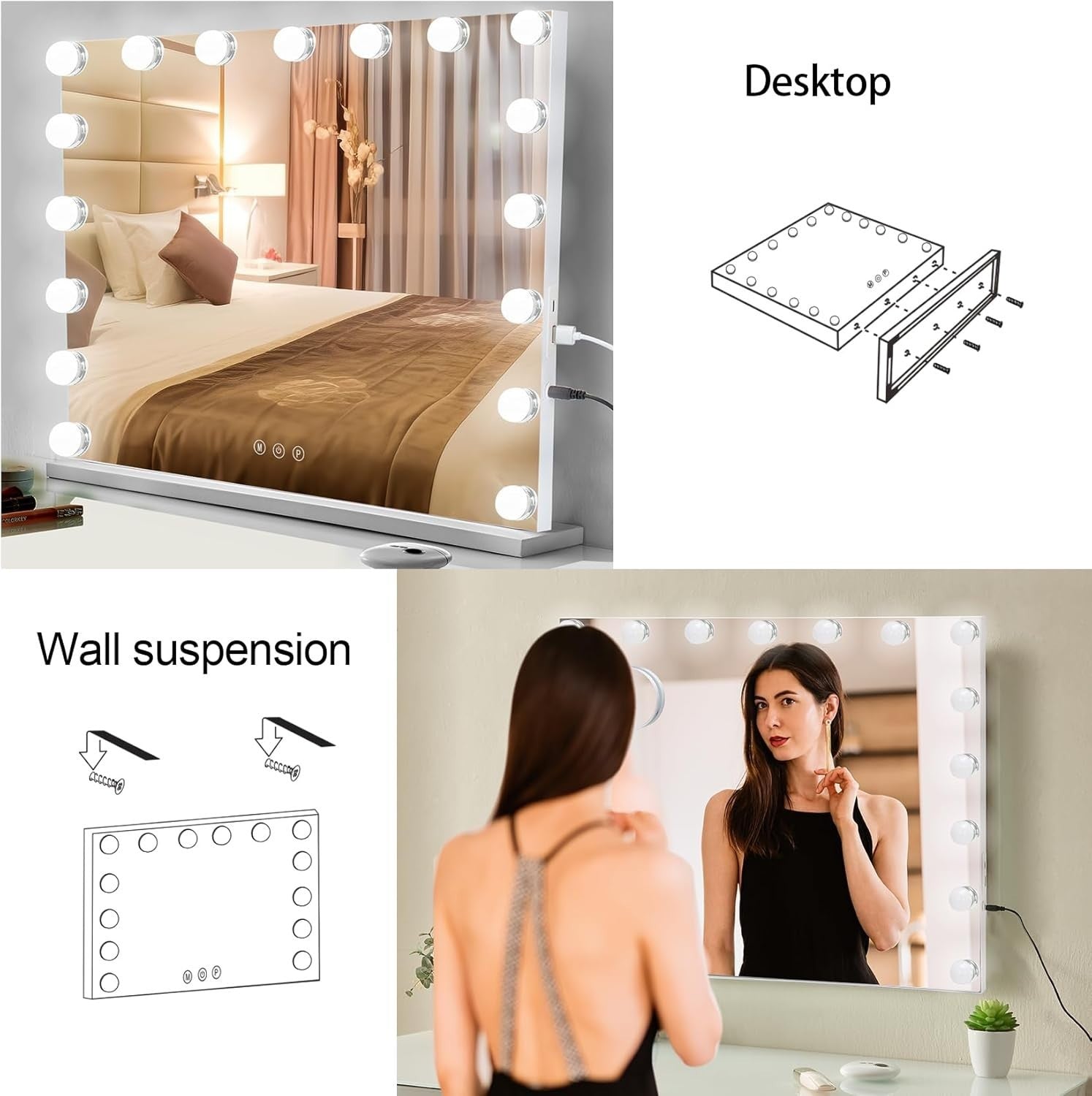 Large LED Vanity Mirror 60x50cm with Touch Control & USB Charging