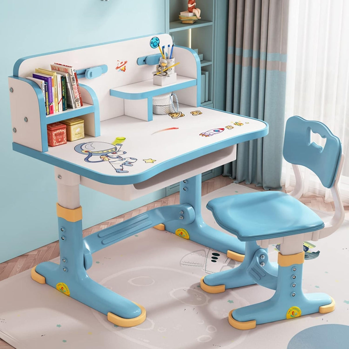 Kids Study Desk Chair Set Adjustable Height Table with Drawer Bookshelf Blue