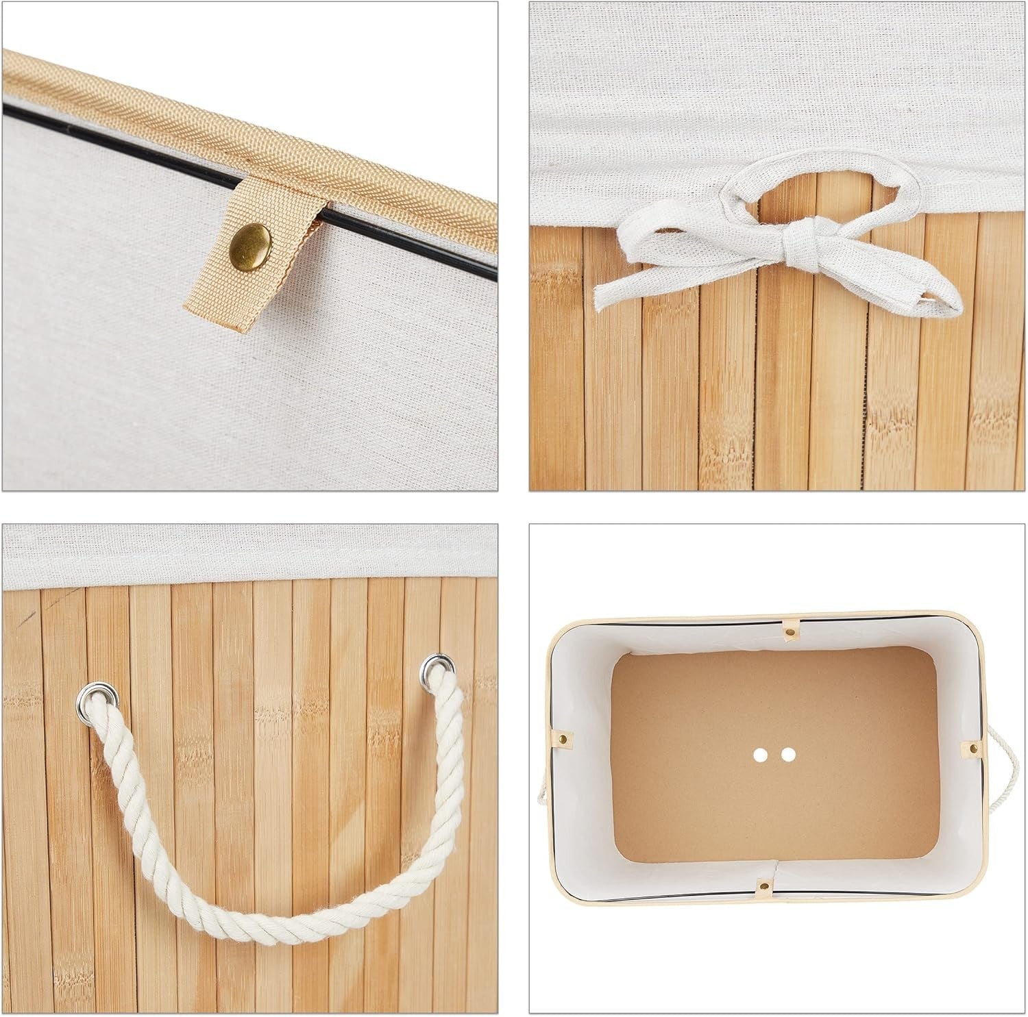 Natural Bamboo Laundry Basket 3-Compartment Sorter with Lid | Folding 62cm Hampe