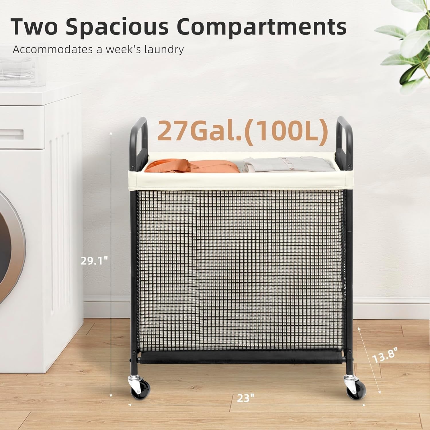 100L 2-Section Rolling Laundry Hamper | Removable Bags | Beige Laundry Cart Whee