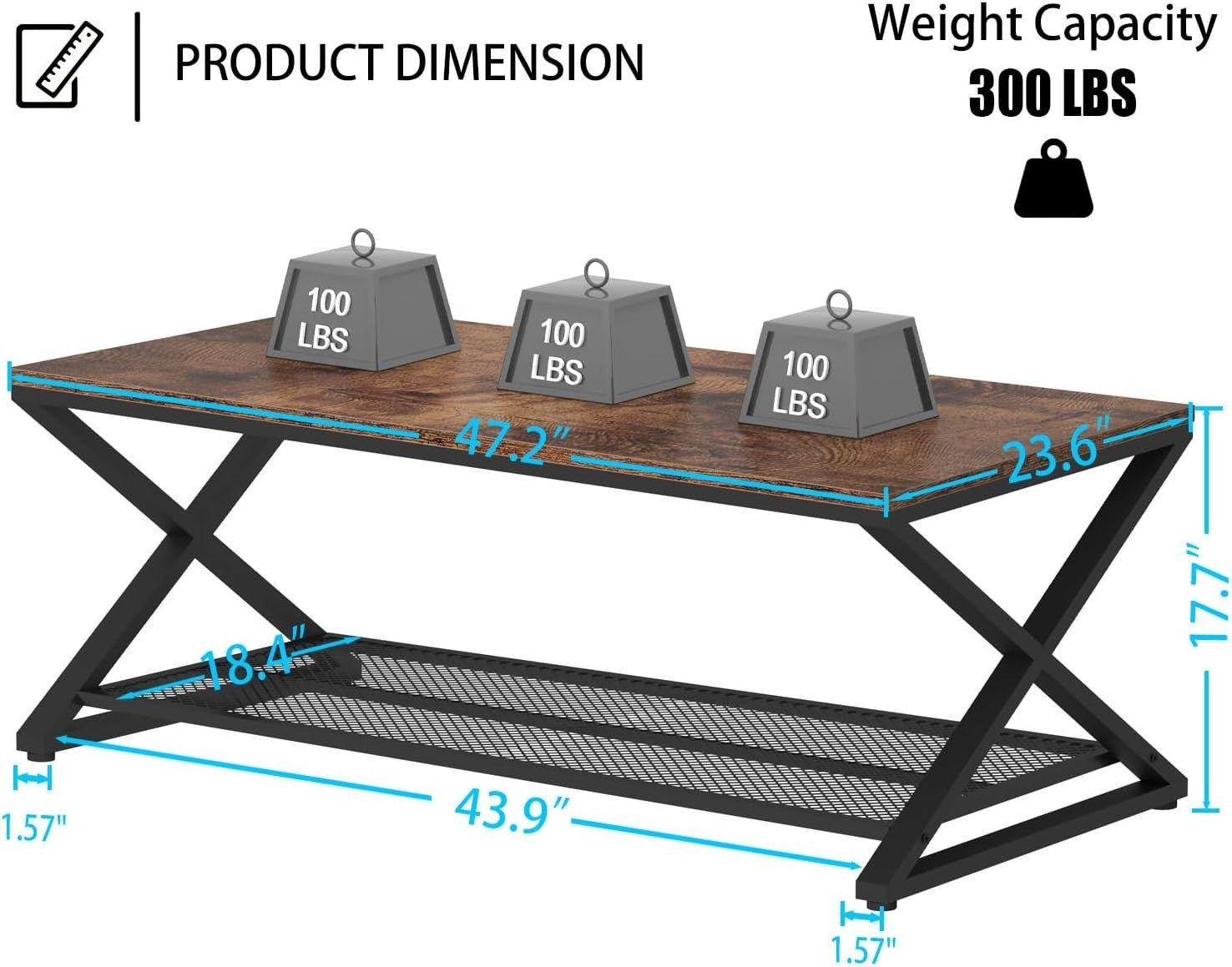 Rustic 2 Tier Coffee Table with Storage Shelf, Industrial Wood Metal Living Room