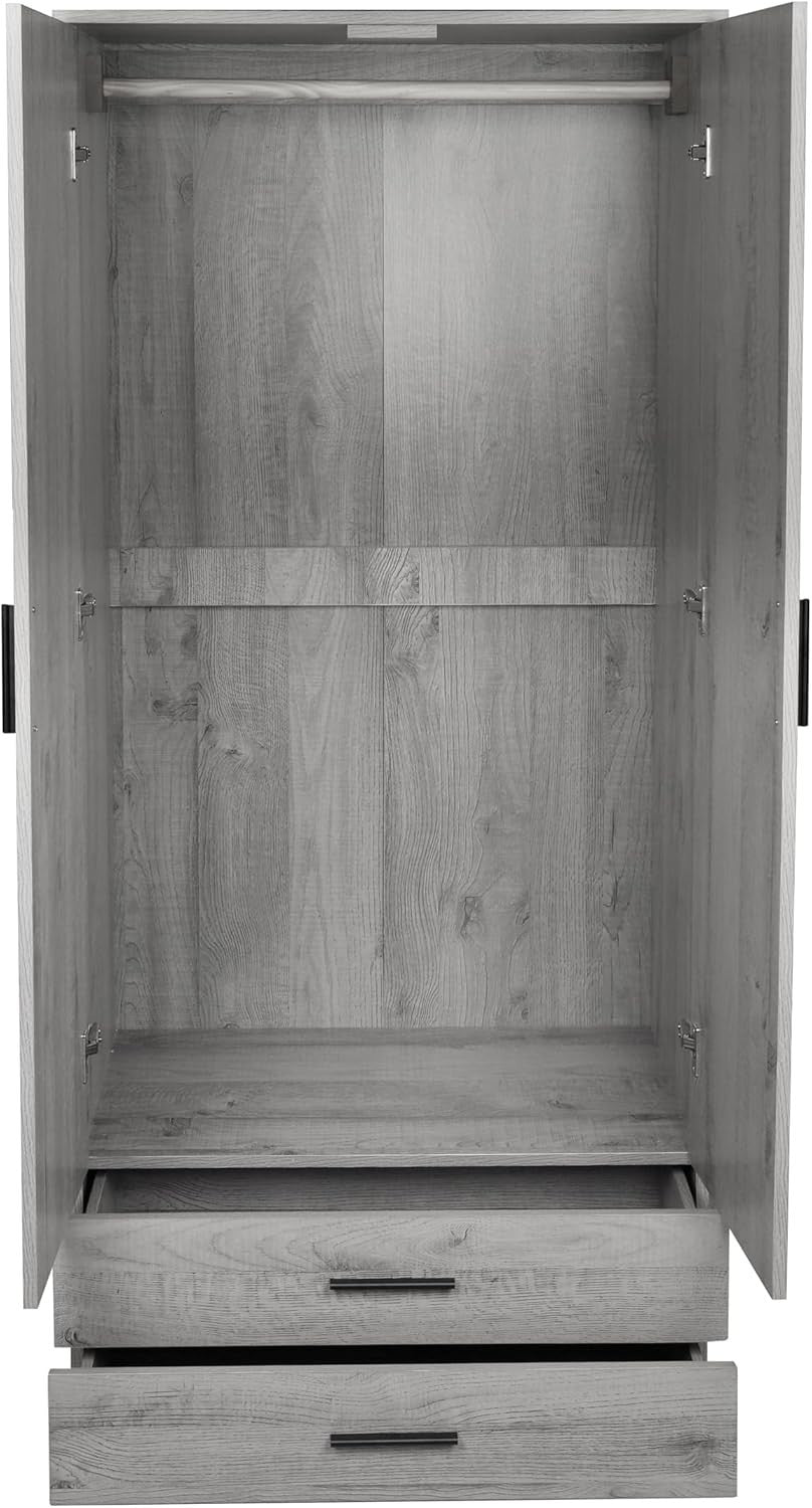 Tall Ash Grey Wooden Wardrobe with 2 Drawers Sturdy Clothes Storage Unit