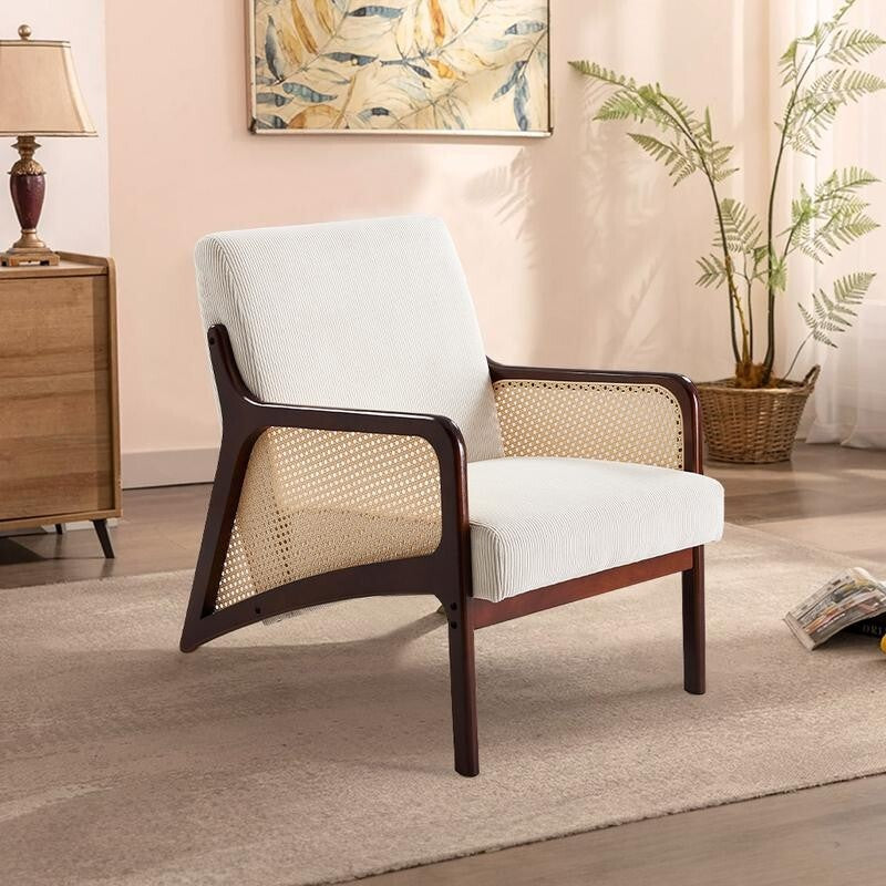 Beige Corduroy Accent Armchair Rattan Wood Lounge Chair Mid Century