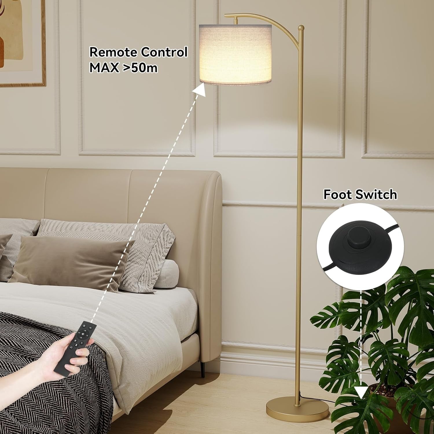 Gold LED Floor Lamp Remote Control Dimmable Adjustable Standing Reading Light