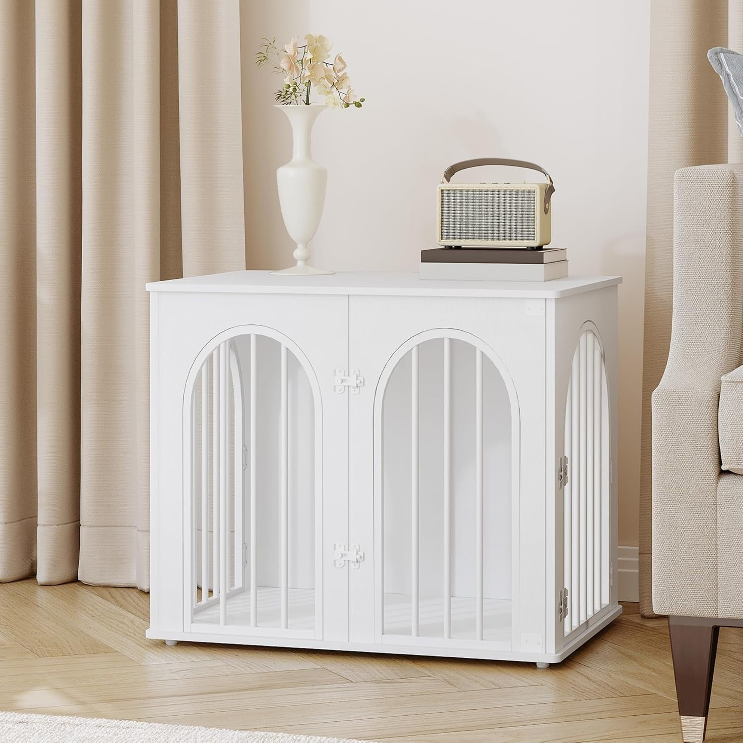 Indoor Small Dog Crate Furniture 68cm White Wooden Kennel Table, Lockable
