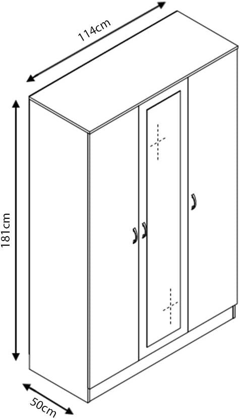 Black Gloss 3-Door Mirrored Wardrobe with Hanging Rails & Adjustable Shelves