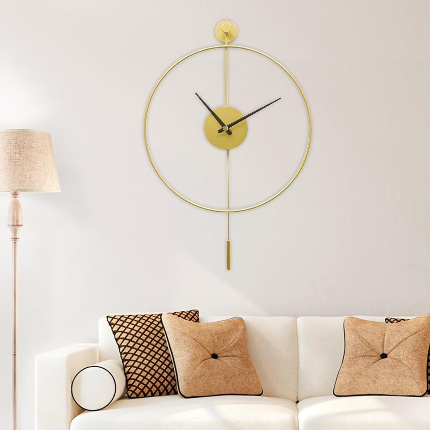 Luxury Silent Wall Clock Gold 20" Modern Metal Decor w/ Pendulum Home