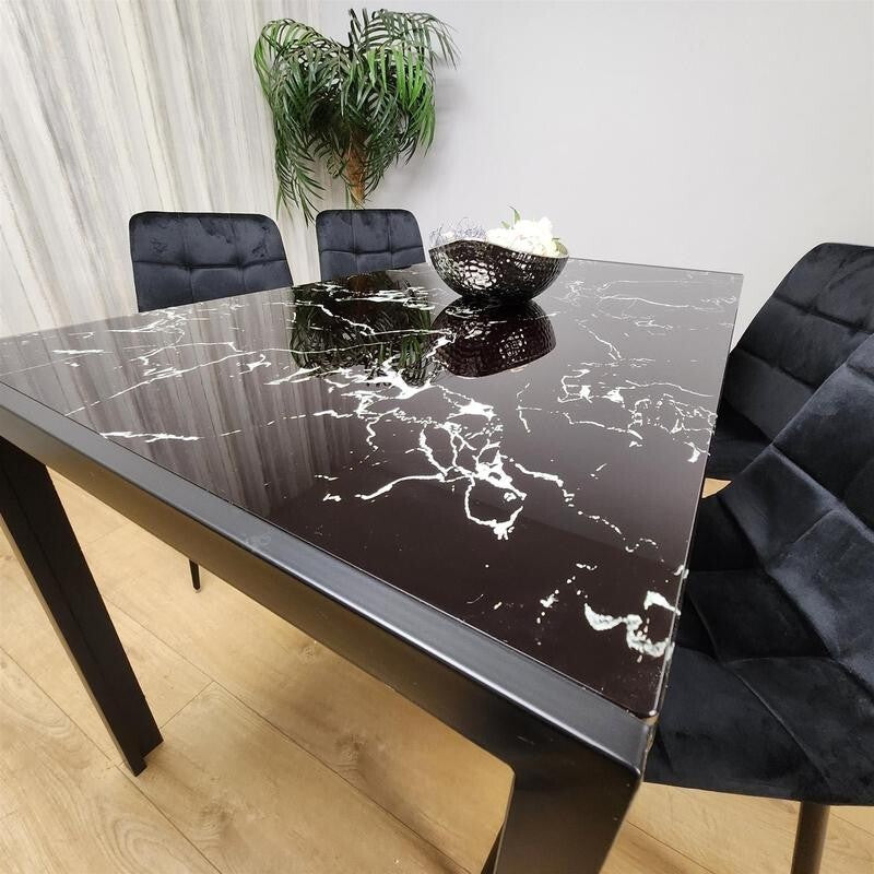 Black Marble Effect Dining Table Set with 4 Velvet Chairs – Modern Glass