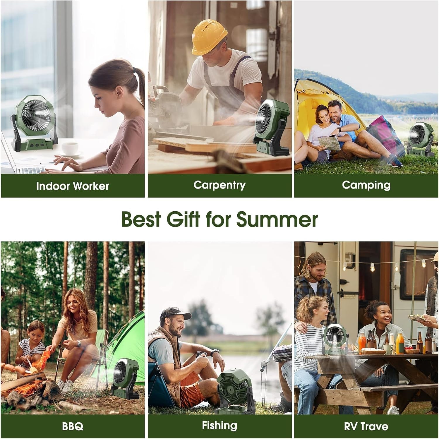 Green 8" Portable Misting Fan – 10000mAh Rechargeable Cooling Fan w/ LED Light